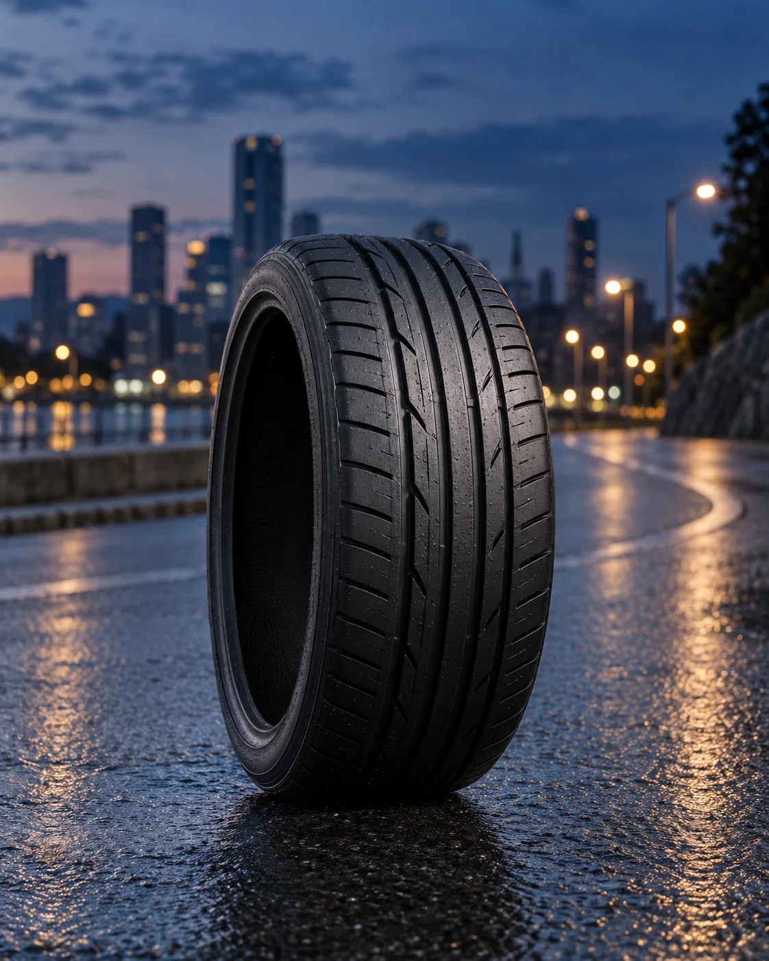 Pneu de performance em cenário urbano noturno